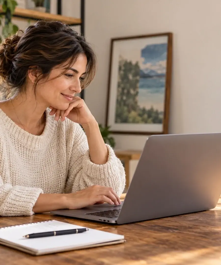 A business owner smiling at her laptop at a sunny kitchen table